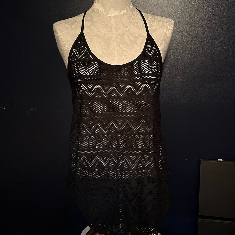 Victoria’s Secret PINK Black Crochet Swim Cover Up Large Racerback Beach Dress